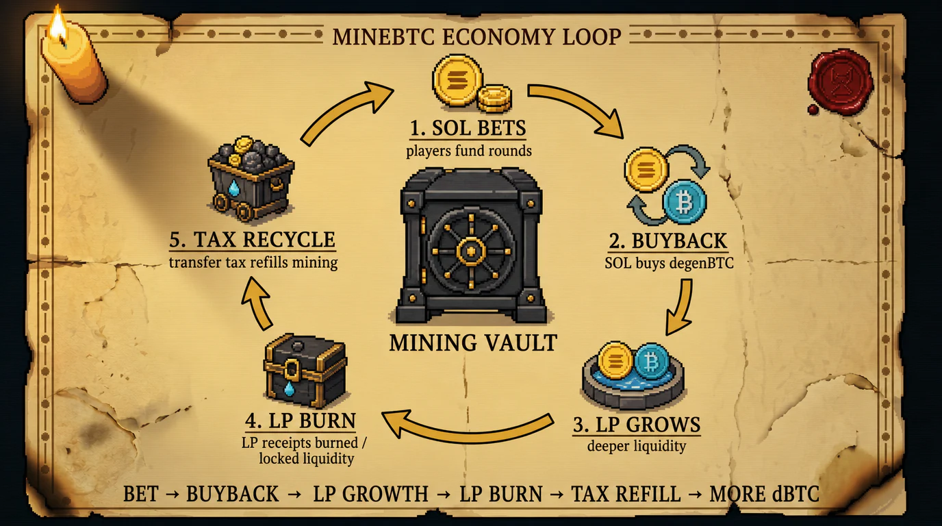 MineBTC economy loop in motion — SOL bets fund buybacks, LP grows, LP receipts burn, transfer tax recycles into emissions
