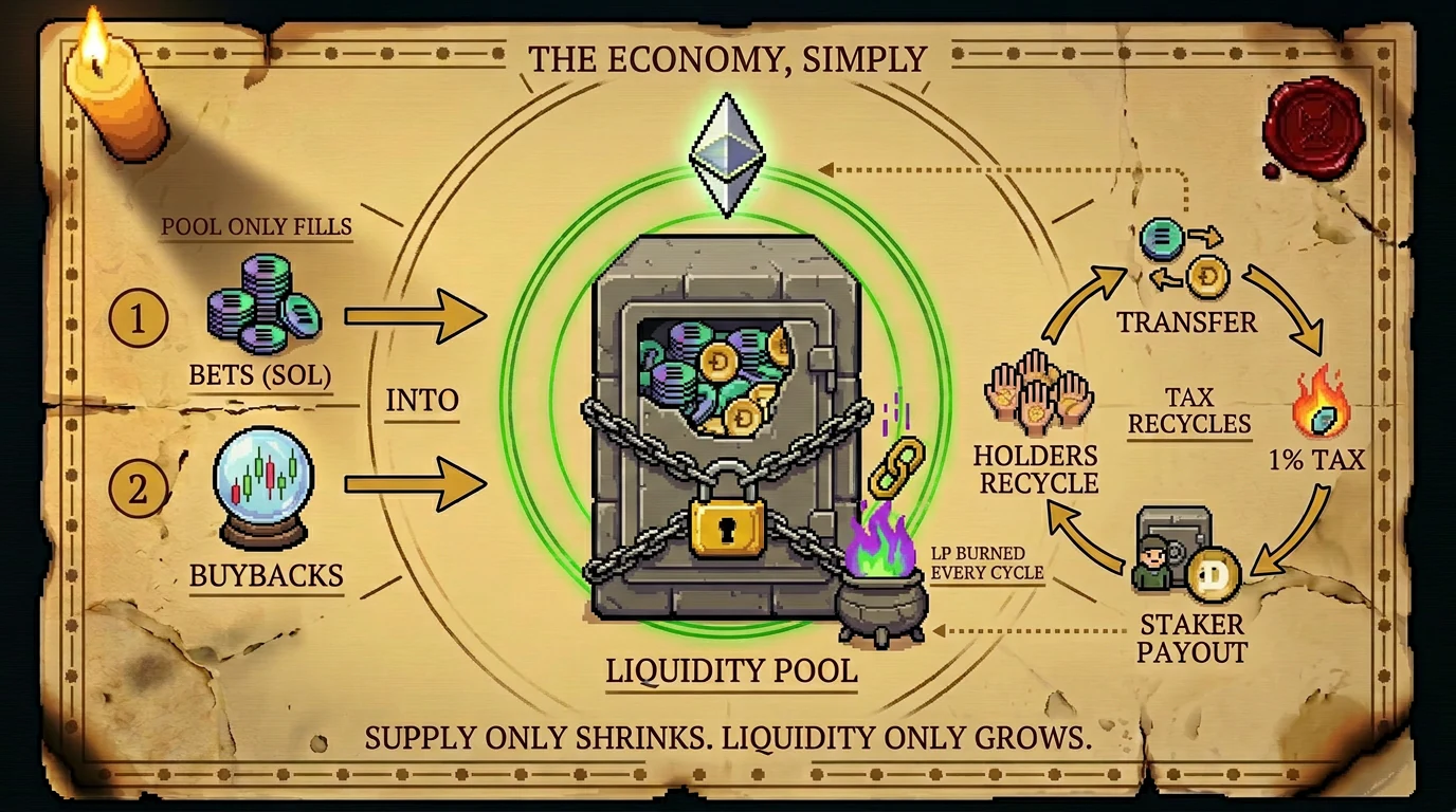 Economy blueprint — pool fills, transfer tax recycles, SOL routes into rewards, supply can shrink
