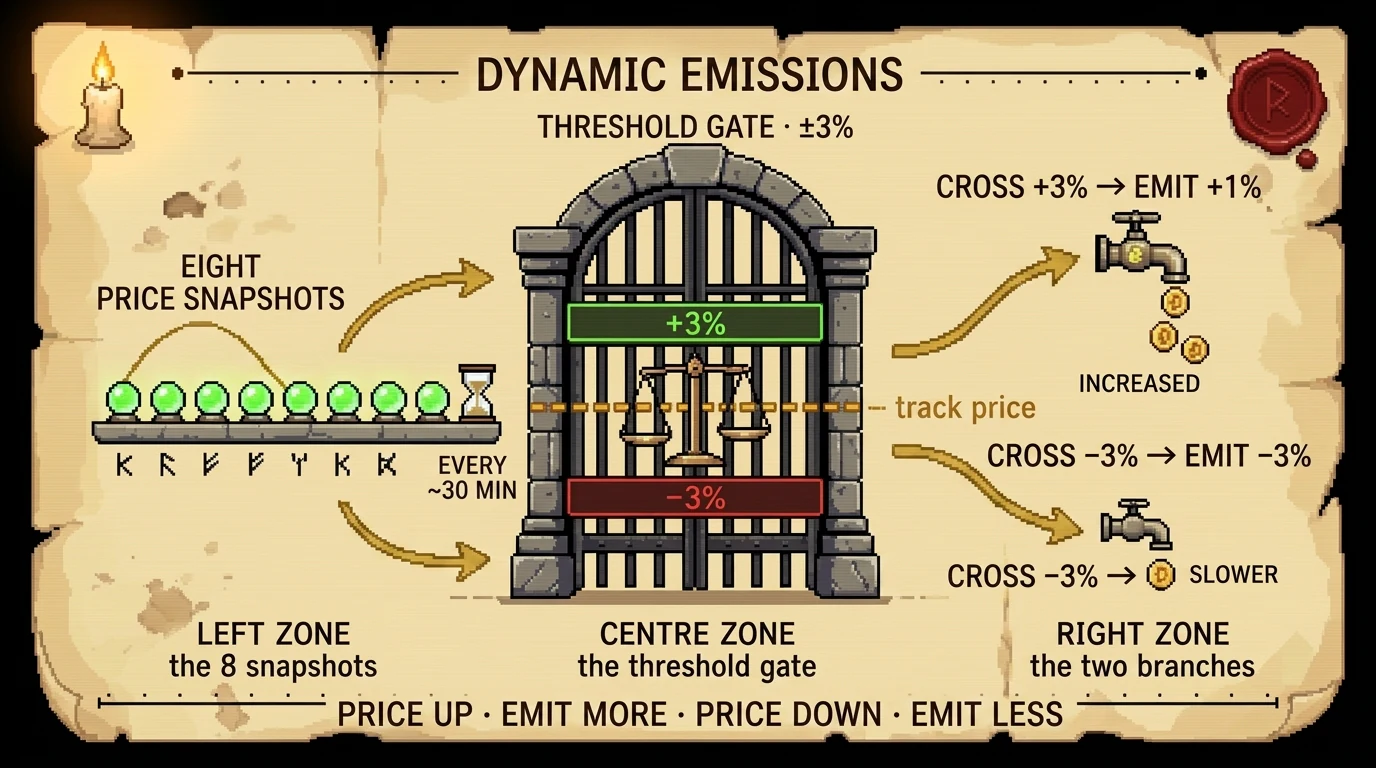 Dynamic emissions — eight price snapshots feed a rebalance gauge that retunes Mine Boost each Country Race