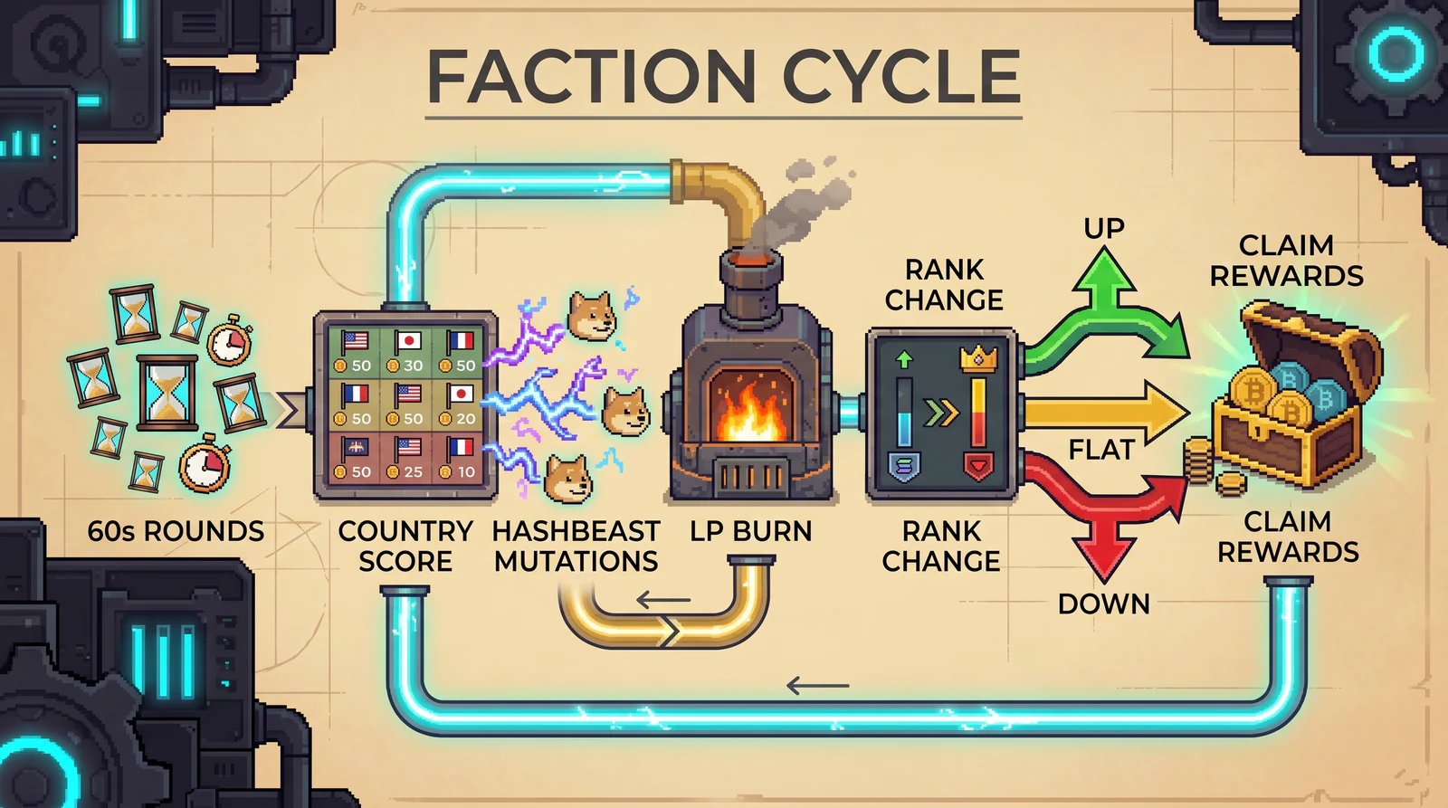 Country Race blueprint showing Casino Roll bets, claims, HashBeast mutations, LP burn boundary, rank movement, and Climb Hold Fall results