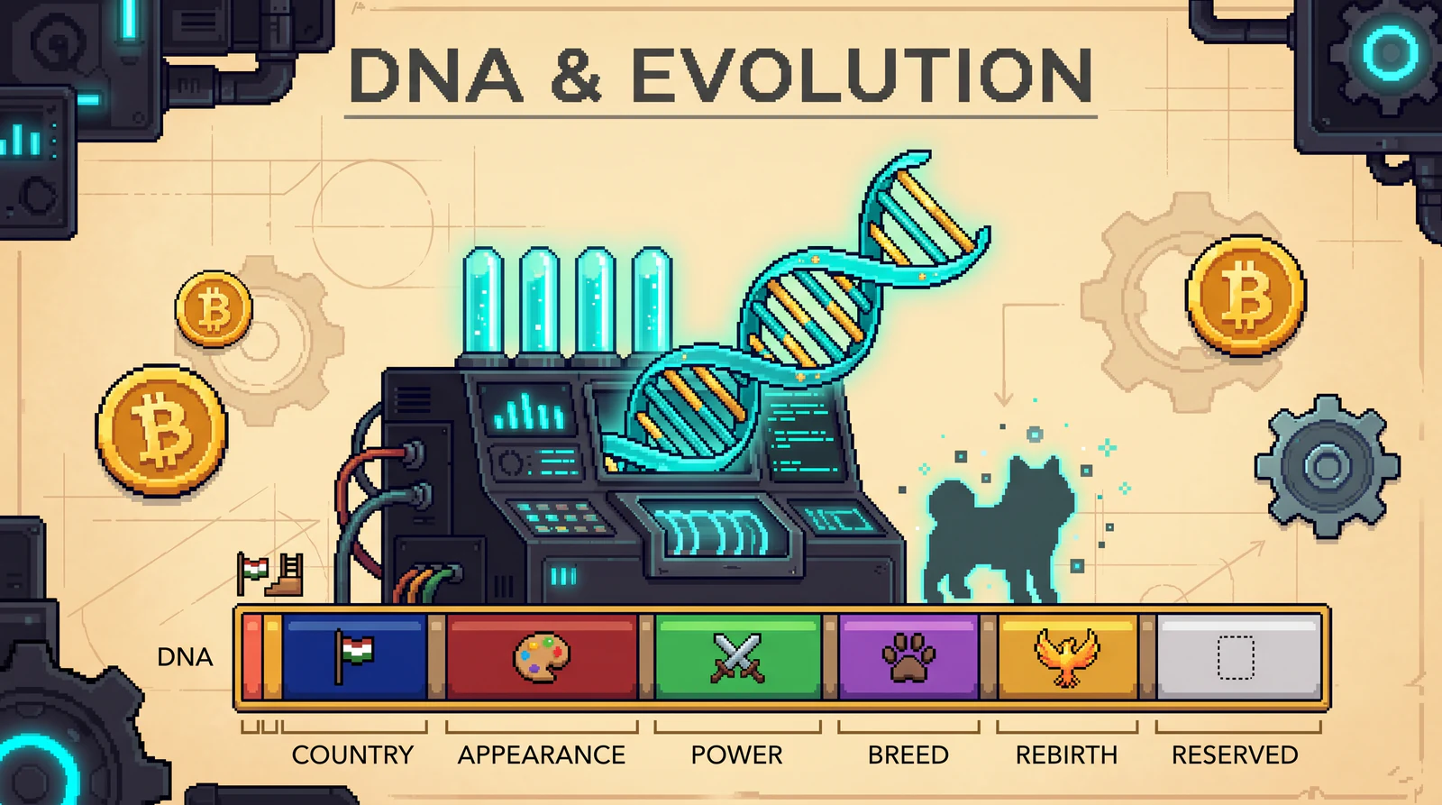 HashBeast DNA blueprint showing country, appearance genes, power genes, breed, rebirth generation, and mutation events