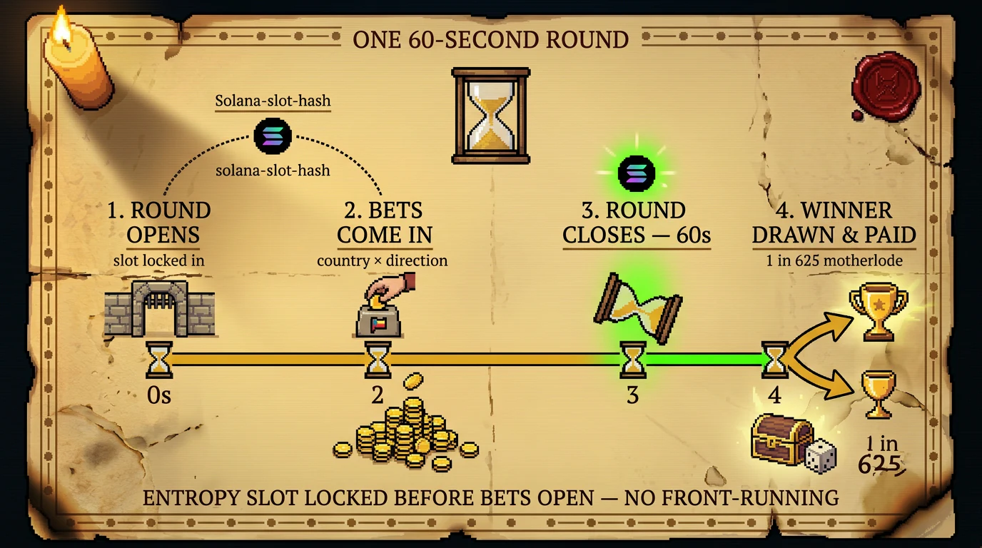 One 60-second MineBTC Casino Roll in motion — roll opens, calls come in, roll closes, winner drawn and paid
