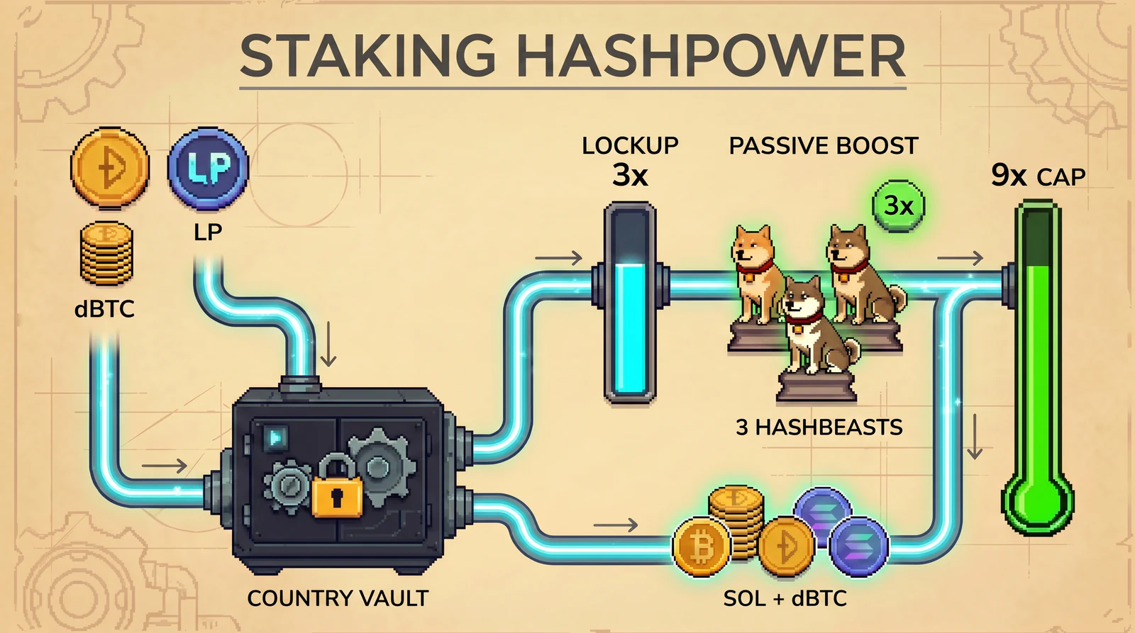Staking Share Power blueprint showing dBTC and LP inputs, lockup boost, passive HashBeasts, country vault, and SOL plus dBTC rewards